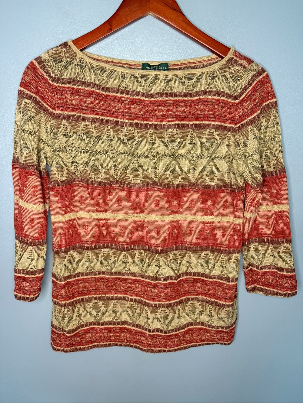 LRL Lauren Jeans Co. Ralph Lauren Linen Cotton Aztec Knit Top | Size Large